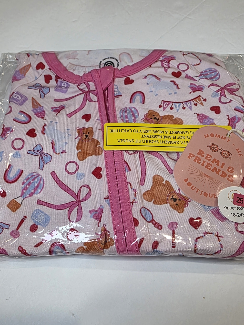 Remi & Friends Pink Teddy Bear Print Girl Kids Bamboo Zipper Convertible 18/24 M